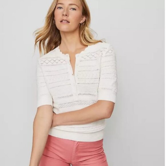 NWT Ann Taylor Petite Weekend Collection Scalloped Henley Sweater - White - Med - Picture 1 of 2